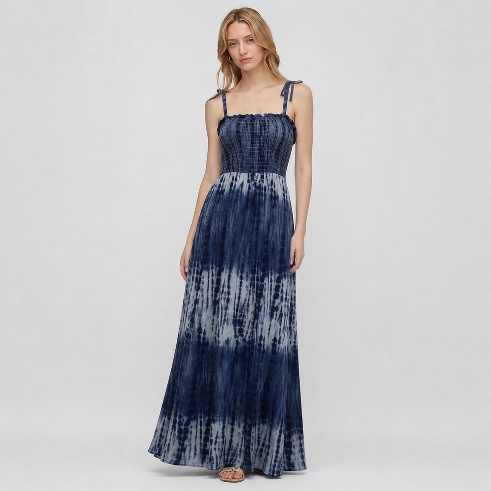 Blue Rain Sinclair Tie Dye Maxi Dress Womens Size S Blue Boho Smocked Sun Dress